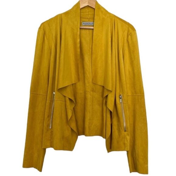 Bagatelle Faux Suede Jacket Open Drape Front Moto Blazer Mustard Yellow Large - Picture 11 of 11